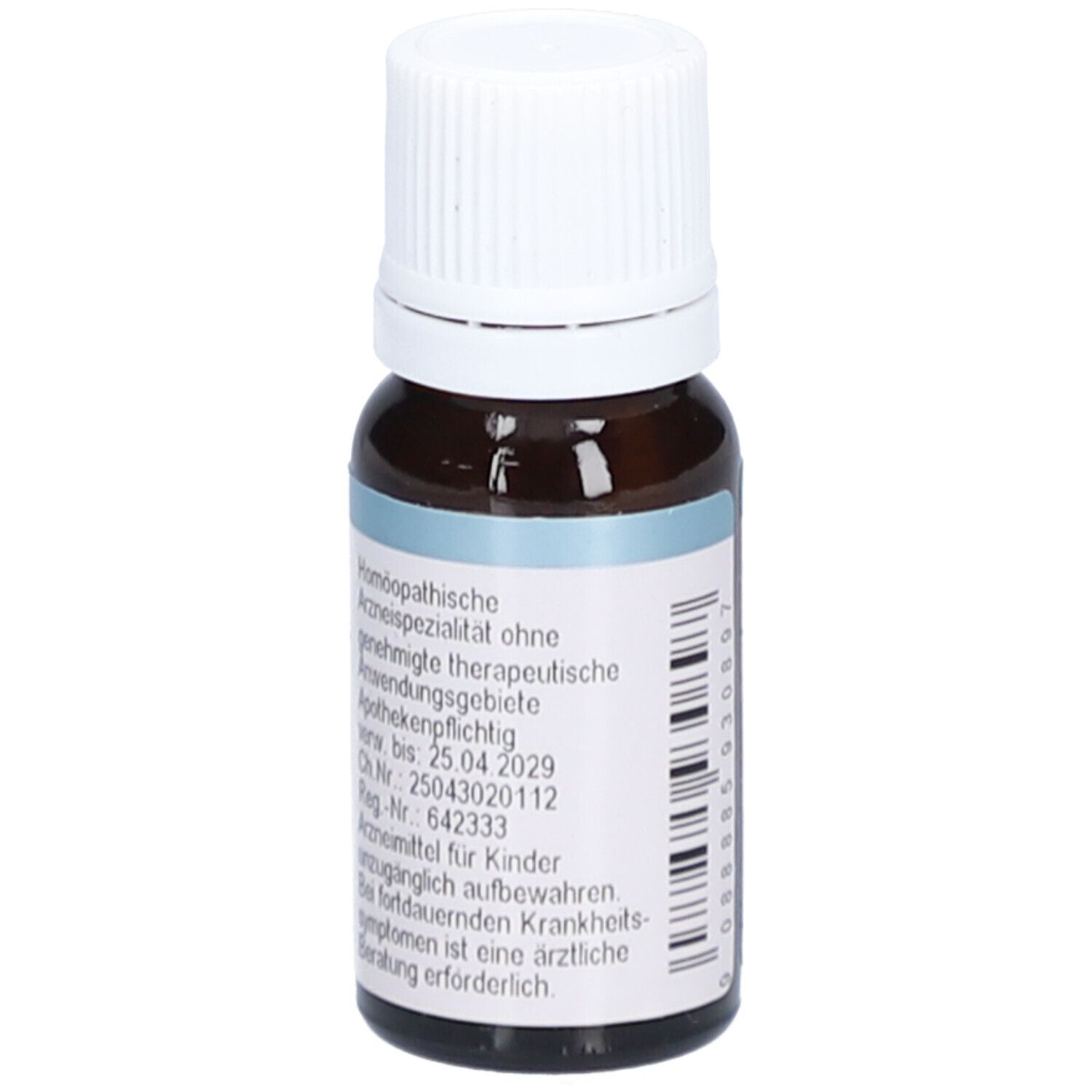 Braune Glasflasche mit weißem Deckel. Etikett mit Produktinformationen und Text.