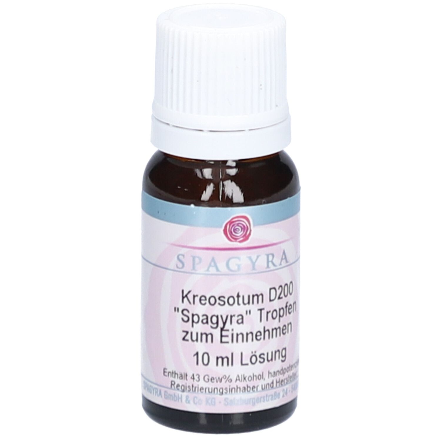 Braune Glasflasche mit weißem Deckel. Etikett mit Produktnamen und Aufschrift "10 ml Lösung".