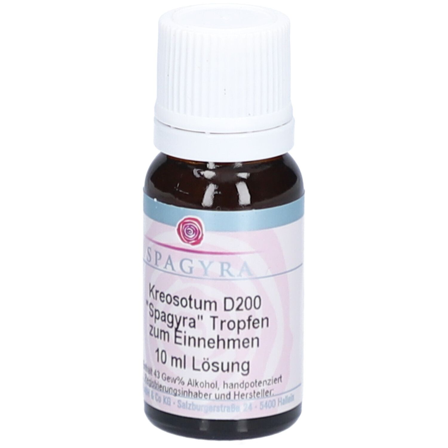 Braune Glasflasche mit weißem Deckel. Etikett mit Produktnamen und Aufschrift "10 ml Lösung".