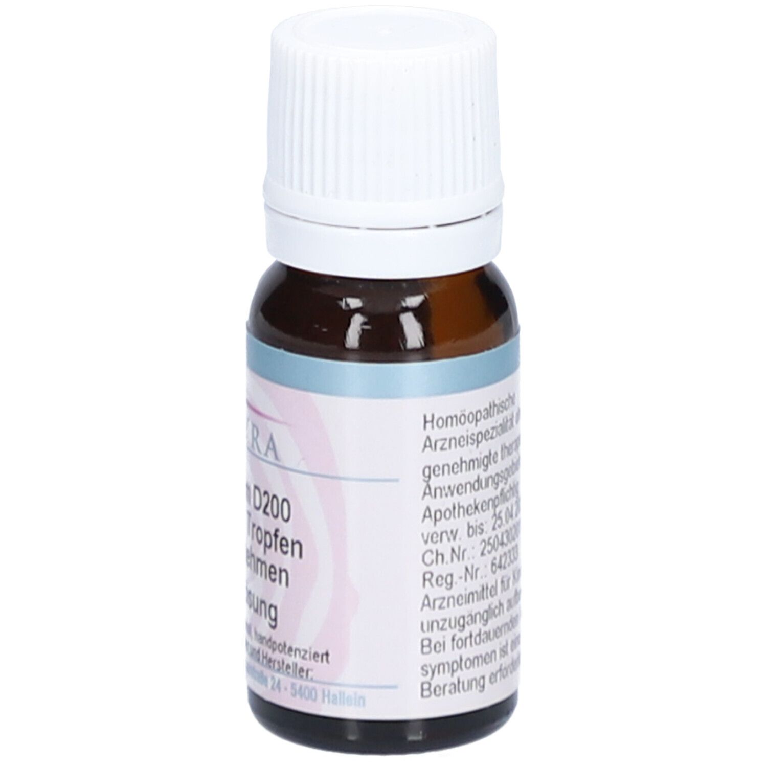 Braune Glasflasche mit weißem Deckel. Etikett mit Produktinformationen und Text.