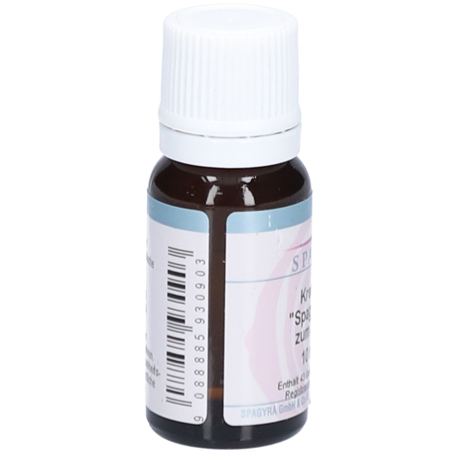 Braune Glasflasche mit weißem Deckel. Etikett mit Barcode und Produktinformationen.