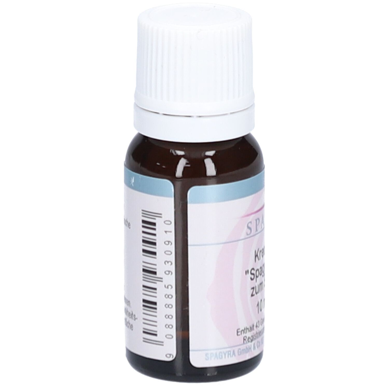 Braune Glasflasche mit weißem Verschluss. Etikett mit Barcode und Produktinformationen.