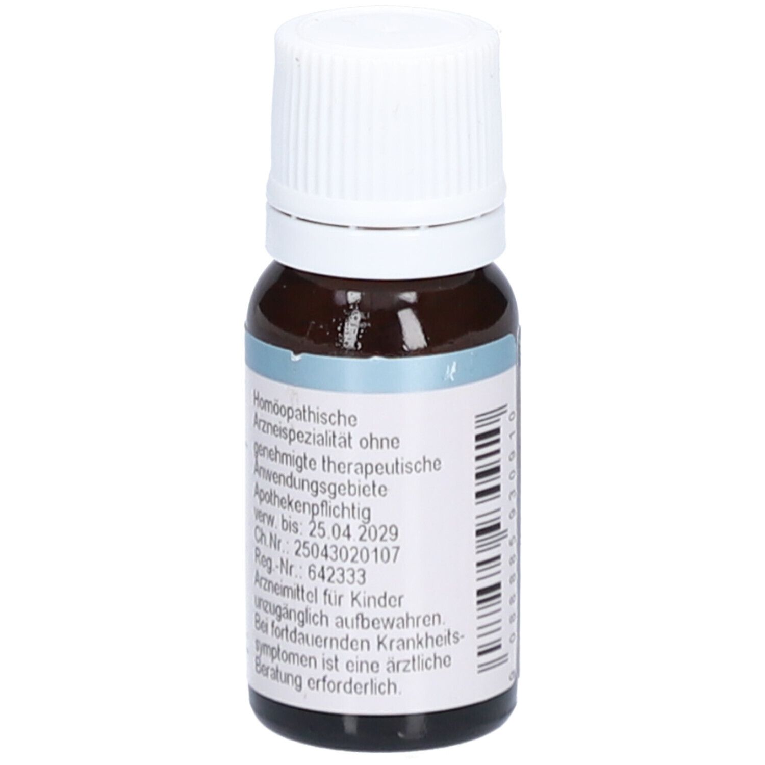 Braune Glasflasche mit weißem Verschluss. Rückseite mit Text, Homöopathisches Arzneimittel.