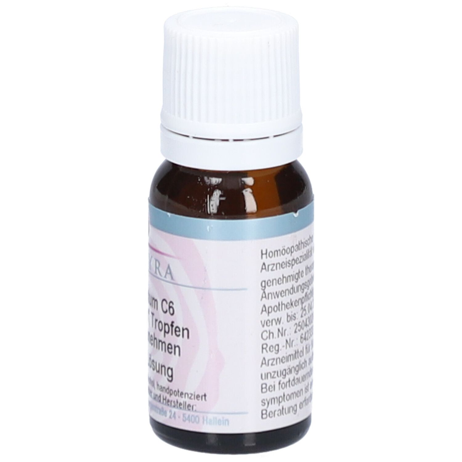 Braune Glasflasche mit weißem Verschluss. Rückseite mit Text, Homöopathisches Arzneimittel.