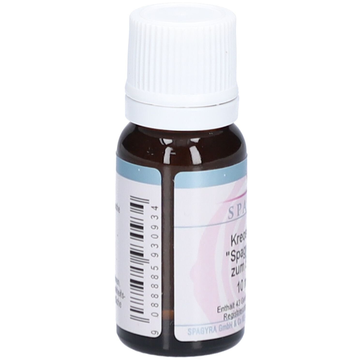 Braune Glasflasche mit weißem Verschluss. Etikett mit Barcode und Produktinformationen.