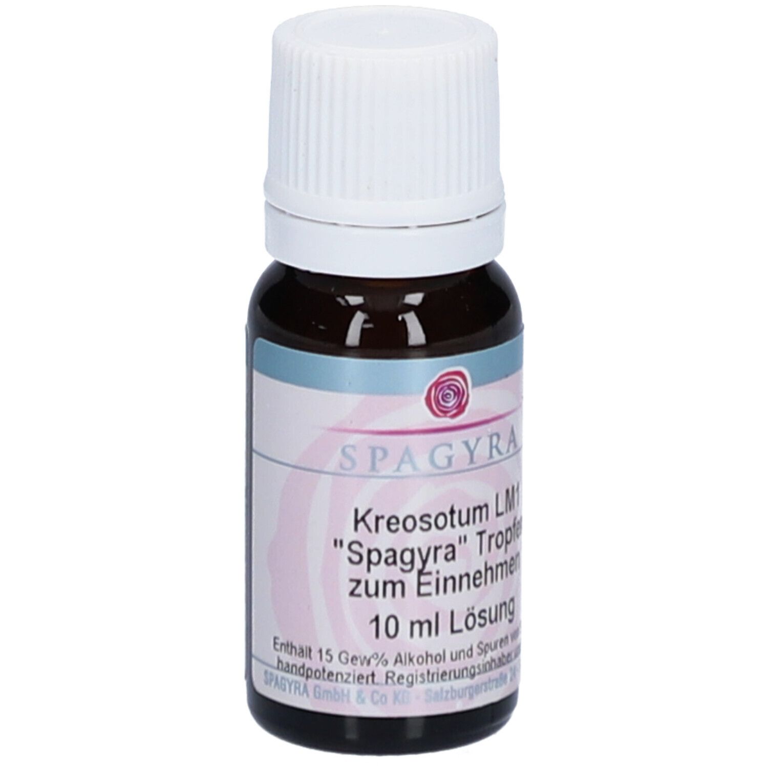 Braune Glasflasche mit weißem Deckel. Etikett mit Produktnamen, Marke Spagyra und 10 ml Lösung.