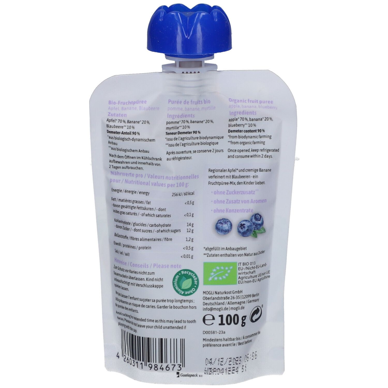 Rückseite des Quetschbeutels. Text: Zutaten, Nährwerte, Hinweise. Demeter-Logo. Bio-Siegel. Inhalt: 100g.