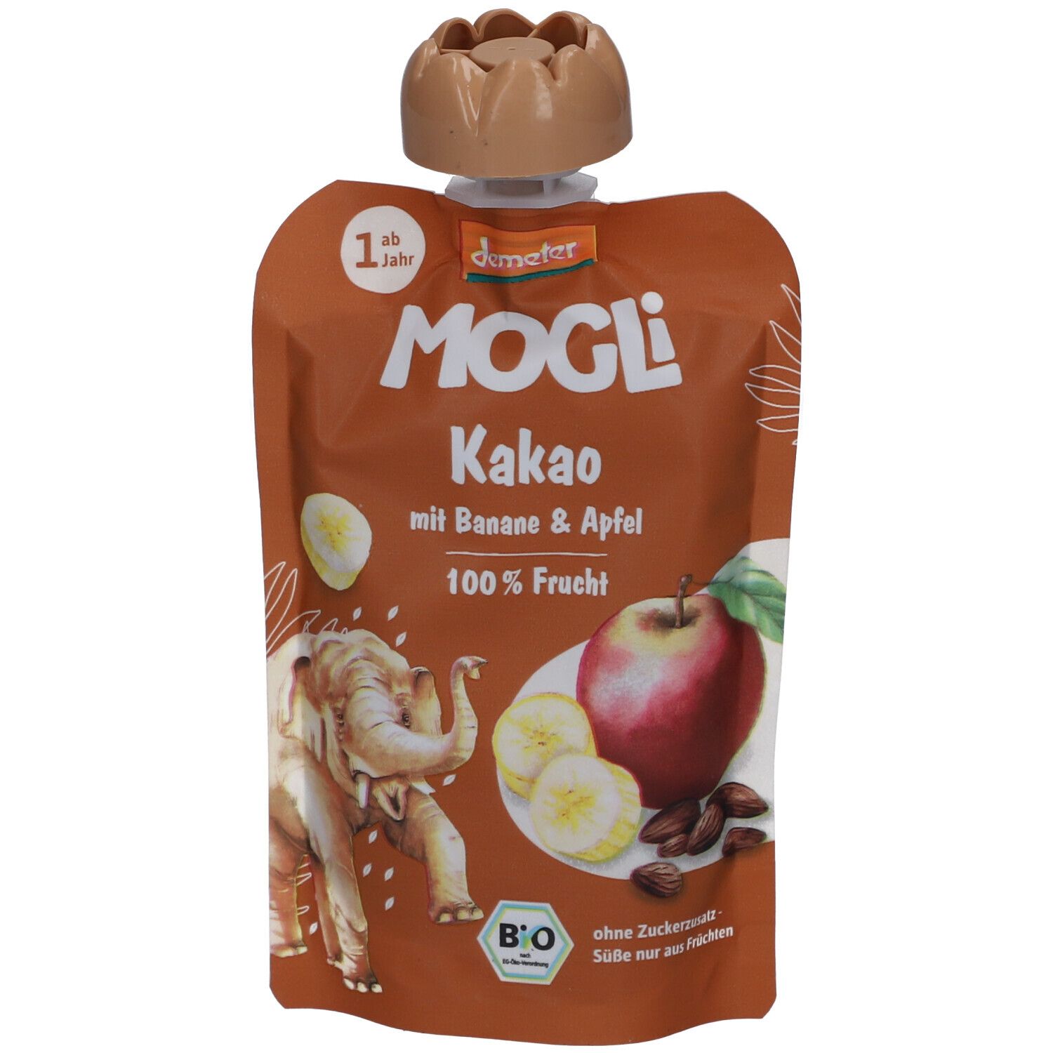 MOGLi Quetschbeutel mit Kakao, Banane & Apfel. Braune Verpackung mit Produktlogo, Illustrationen und Demeter-Siegel.