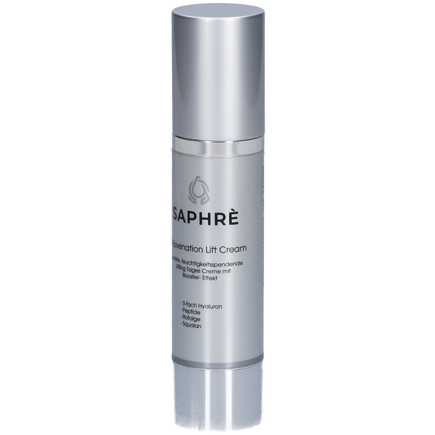 Saphre® Rejuvenation Lift Cream. Silberne Flasche mit Produktnamen und Inhaltsstoffen. 3-fach Hyaluron, Peptide, Sqalan.
