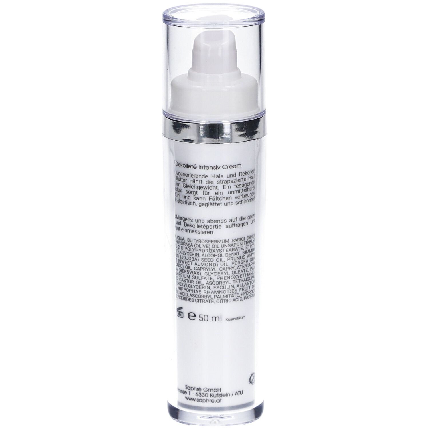 Weißer Spender mit transparentem Deckel. Rückseite mit Text, Inhaltsstoffen und Logo. 50 ml.
