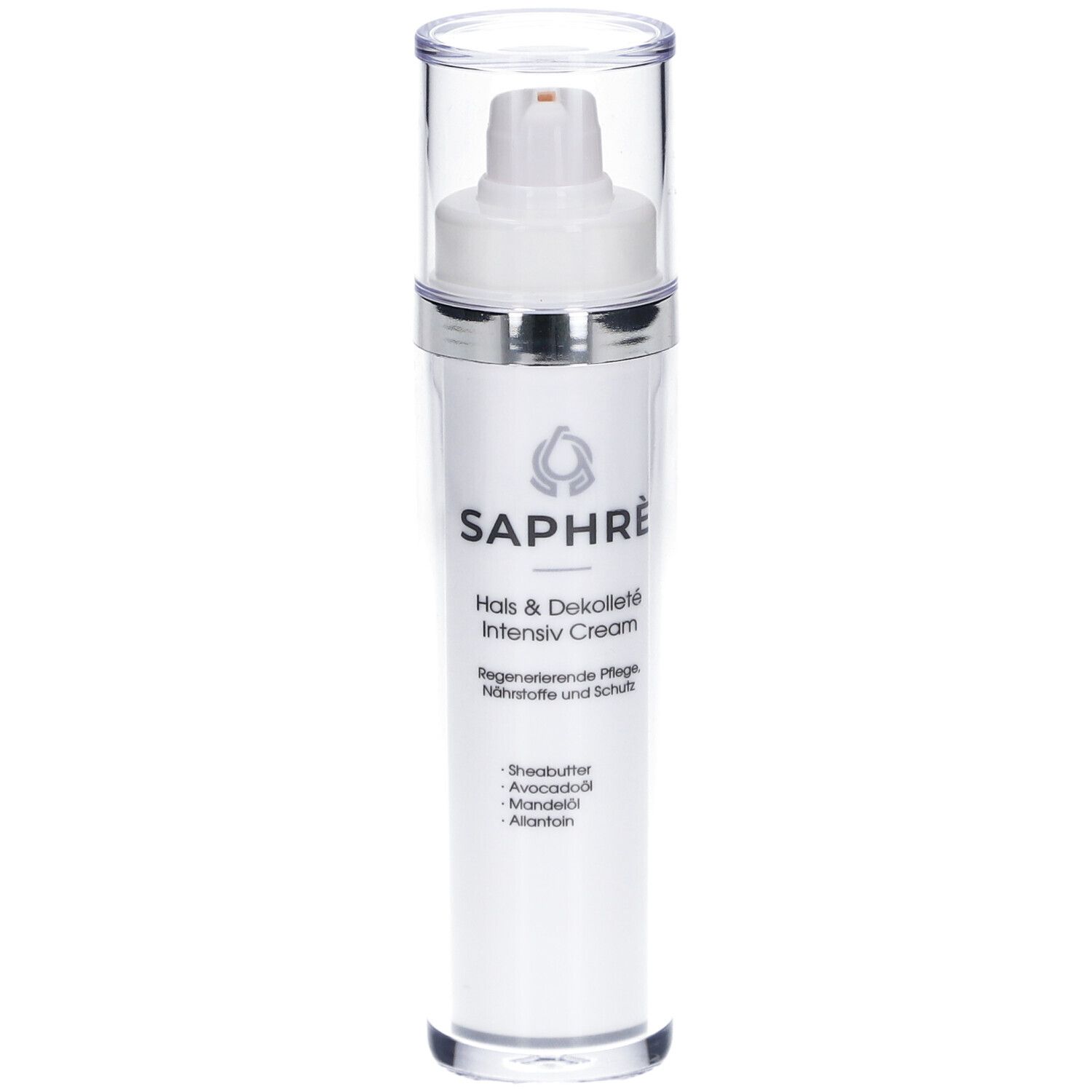 Weißer Spender mit transparentem Deckel. Aufschrift: SAPHRÈ Hals & Dekolleté Intensiv Cream. Inhaltsstoffe.