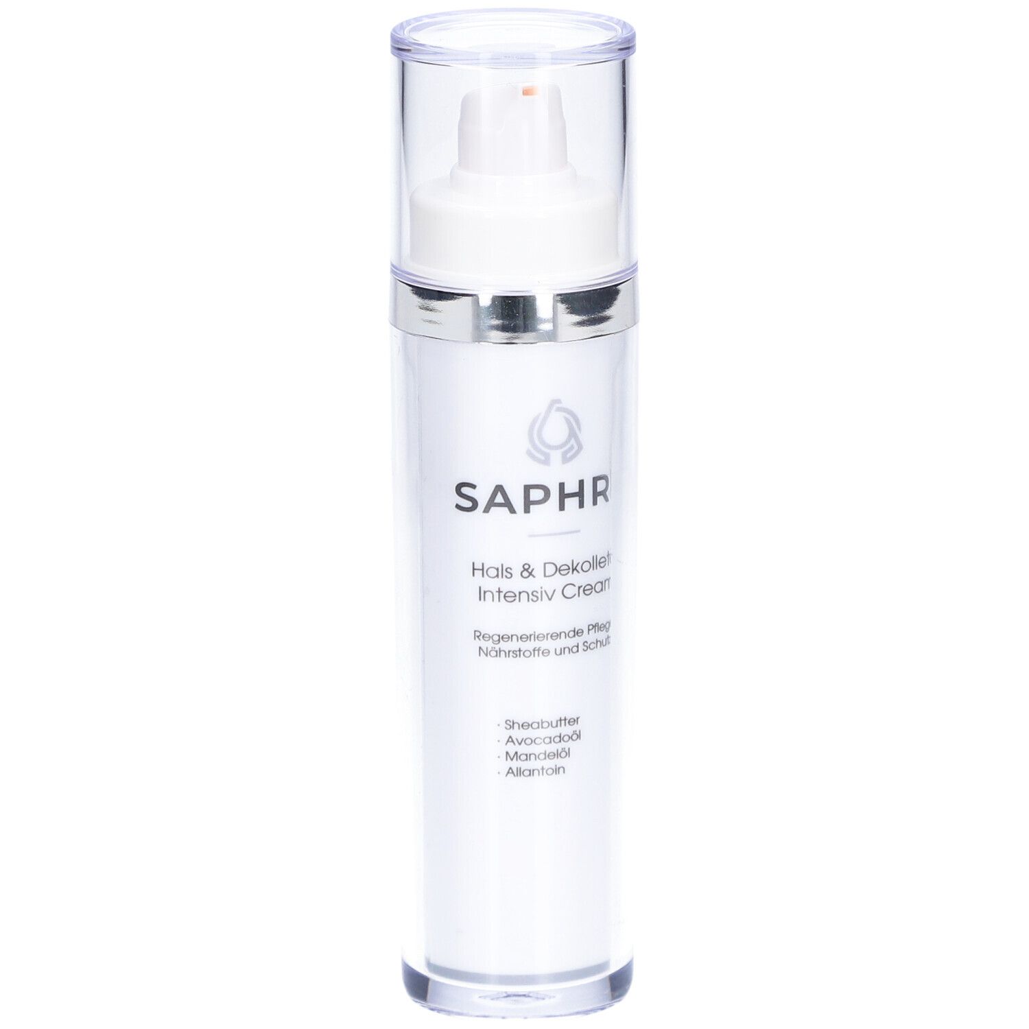Weißer Spender mit transparentem Deckel. Aufschrift: SAPHRÈ Hals & Dekolleté Intensiv Cream. Inhaltsstoffe.