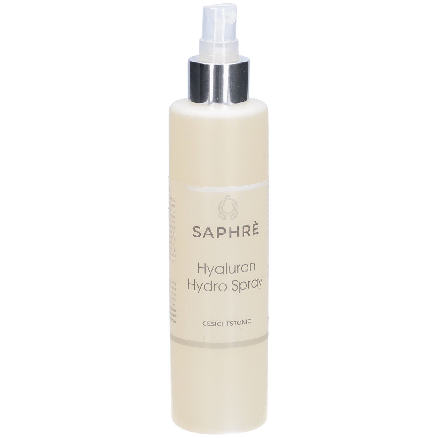 Beige Sprühflasche mit silbernem Sprühkopf. Beschriftung: SAPHRÈ Hyaluron Hydro Spray, Gesichtstonic.