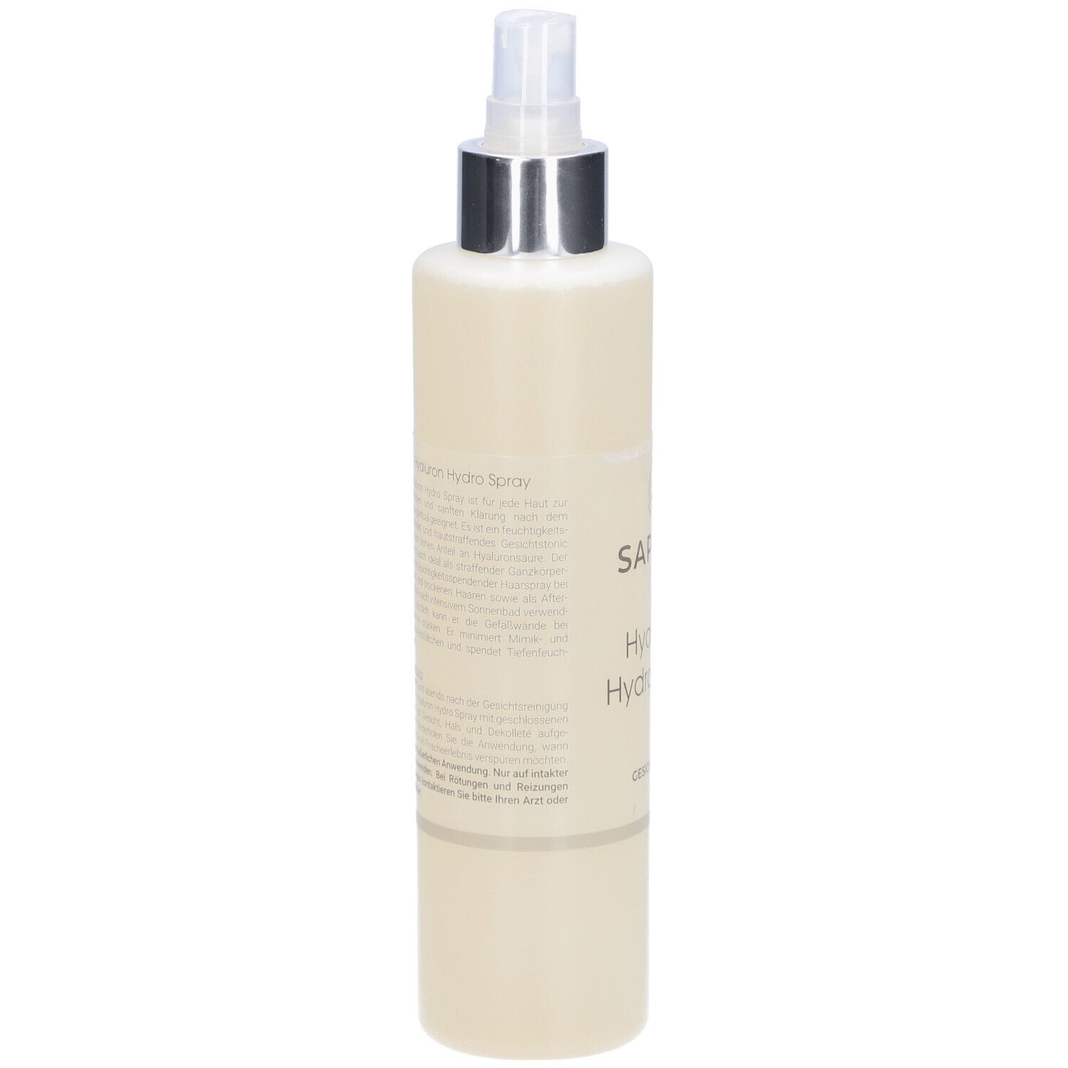 Beige Sprühflasche mit silbernem Sprühkopf. Rückseite mit Text. Beschriftung: SAPHRÈ Hyaluron Hydro Spray.