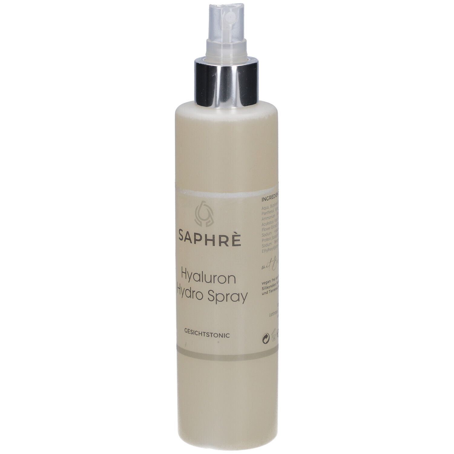 Beige Sprühflasche mit silbernem Sprühkopf. Beschriftung: SAPHRÈ Hyaluron Hydro Spray, Gesichtstonic.