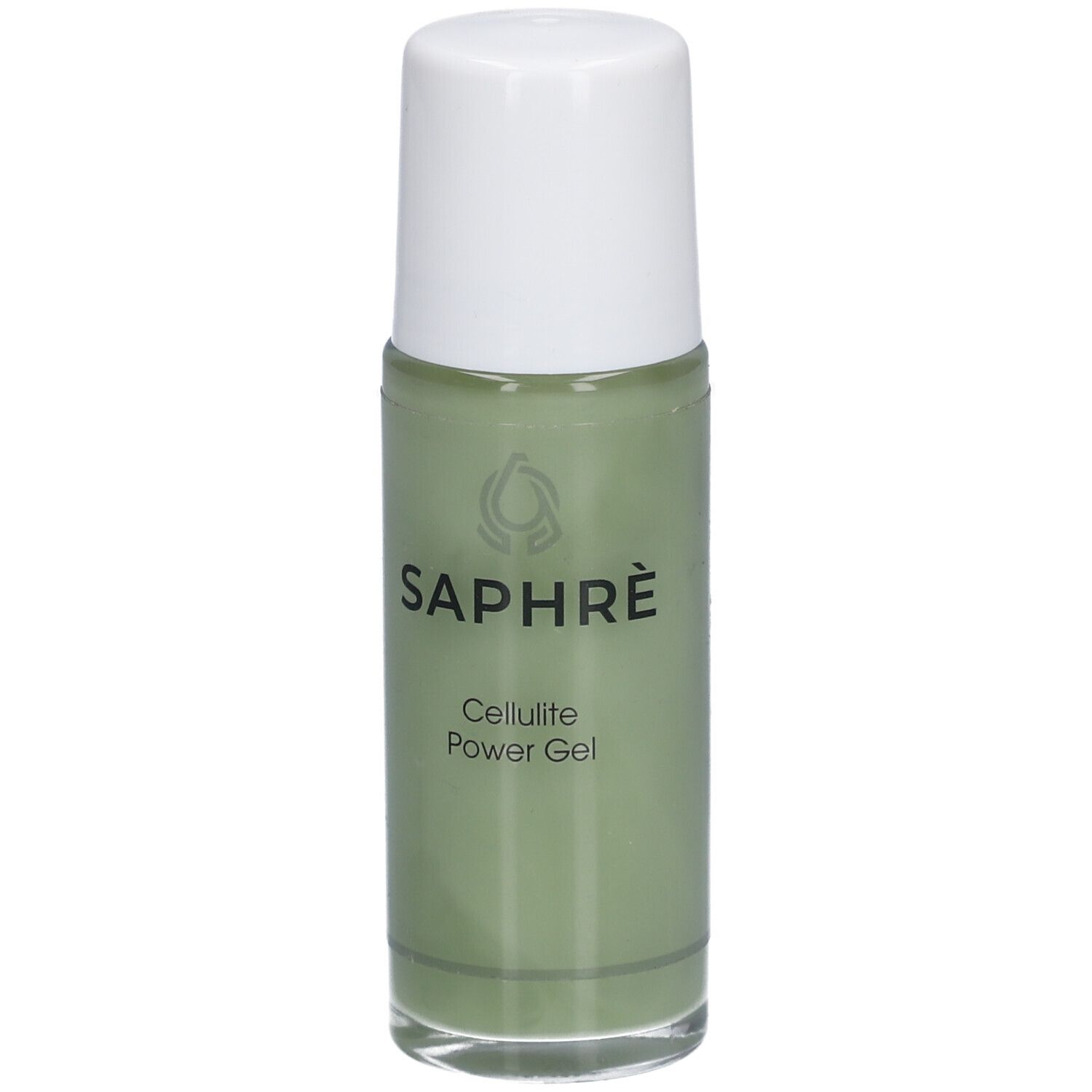 Grüne Flasche mit weißem Deckel. Aufschrift: SAPHRÈ Cellulite Power Gel.