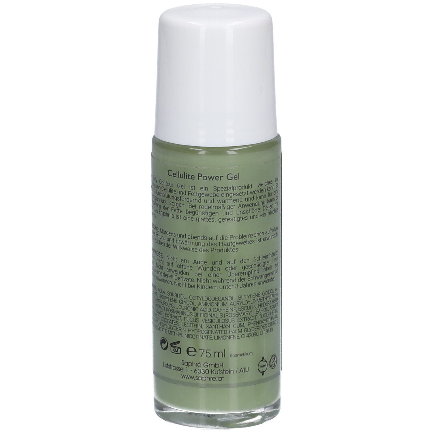 Grüne Flasche mit weißem Deckel. Text und Inhaltsangaben. SAPHRÈ Cellulite Power Gel.