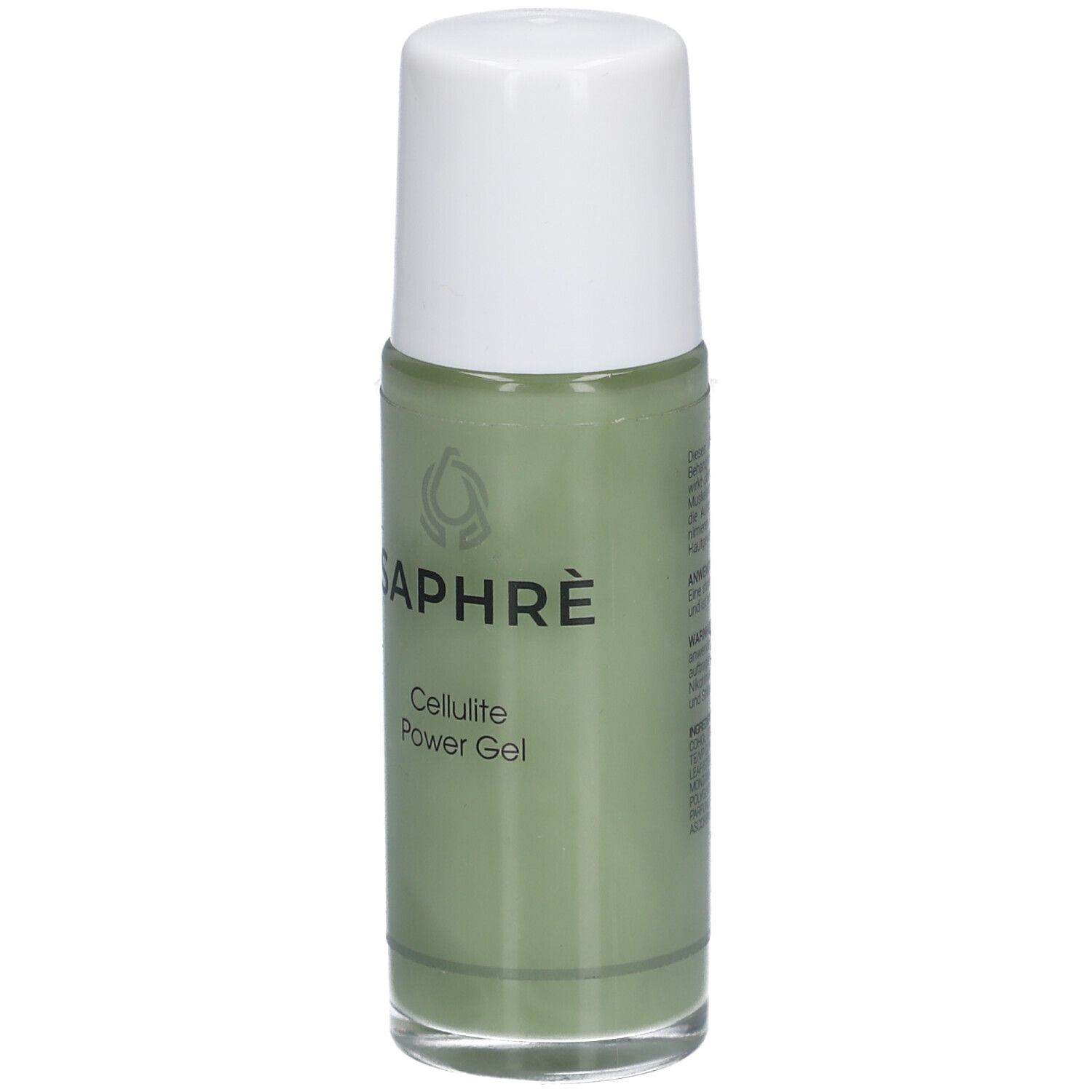 Grüne Flasche mit weißem Deckel. Aufschrift: SAPHRÈ Cellulite Power Gel.