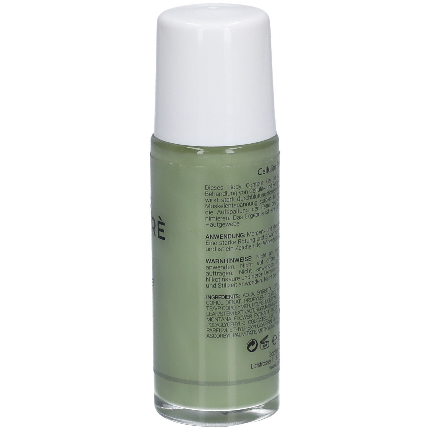 Grüne Flasche mit weißem Deckel. Text und Inhaltsangaben. SAPHRÈ Cellulite Power Gel.