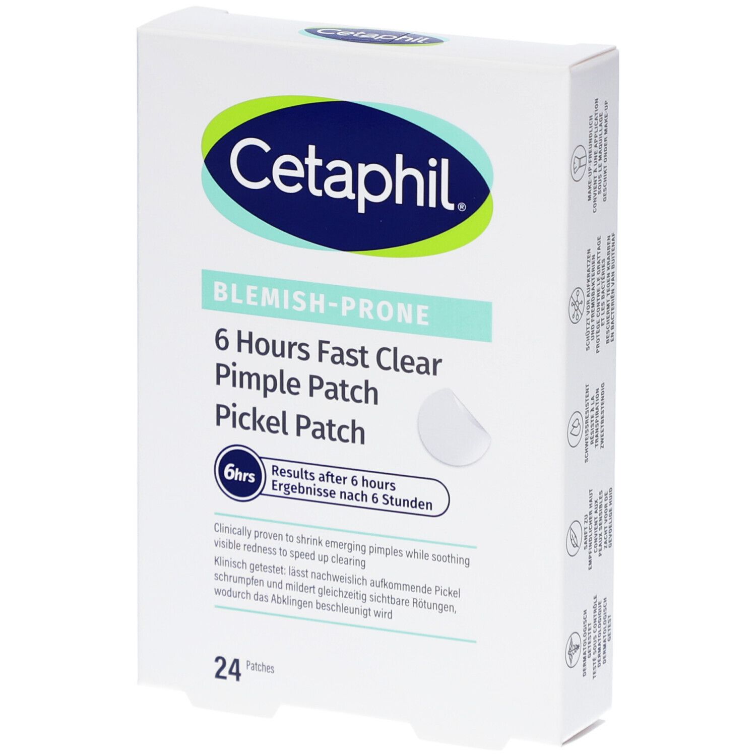 Cetaphil Pickel Patch Packung. Enthält 24 Patches. Aufschrift: 6 Hours Fast Clear Pimple Patch.