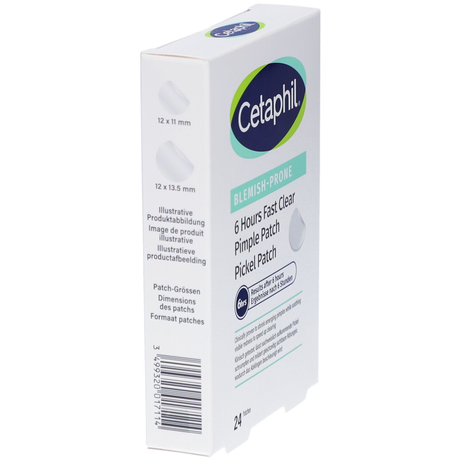 Cetaphil Pickel Patch Packung, Seitenansicht. Zeigt Patch-Größen. Aufschrift: Cetaphil, 6 Hours Fast Clear Pimple Patch.