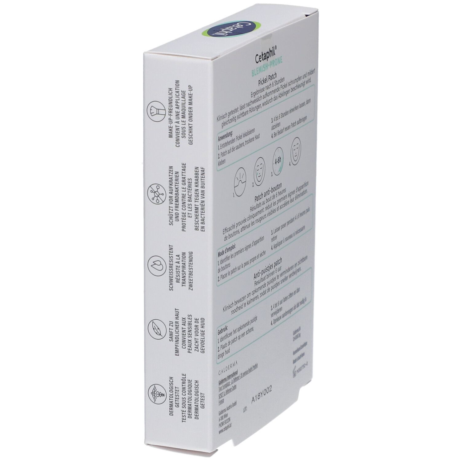 Seite der Cetaphil Pickel Patch Packung. Enthält Informationen und Symbole. Aufschrift: Cetaphil, Pickel Patch.