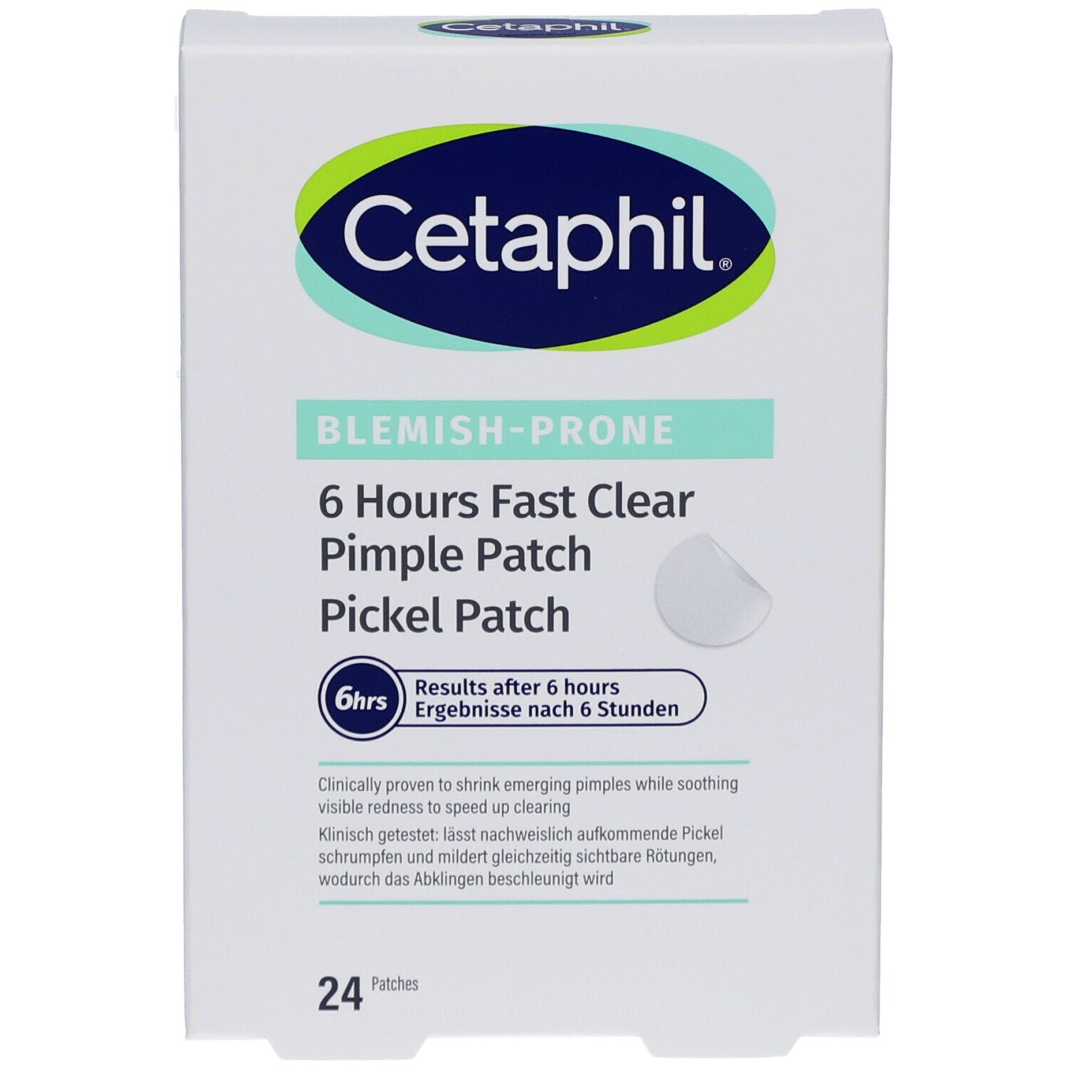 Cetaphil Pickel Patch Packung. Enthält 24 Patches. Aufschrift: 6 Hours Fast Clear Pimple Patch.