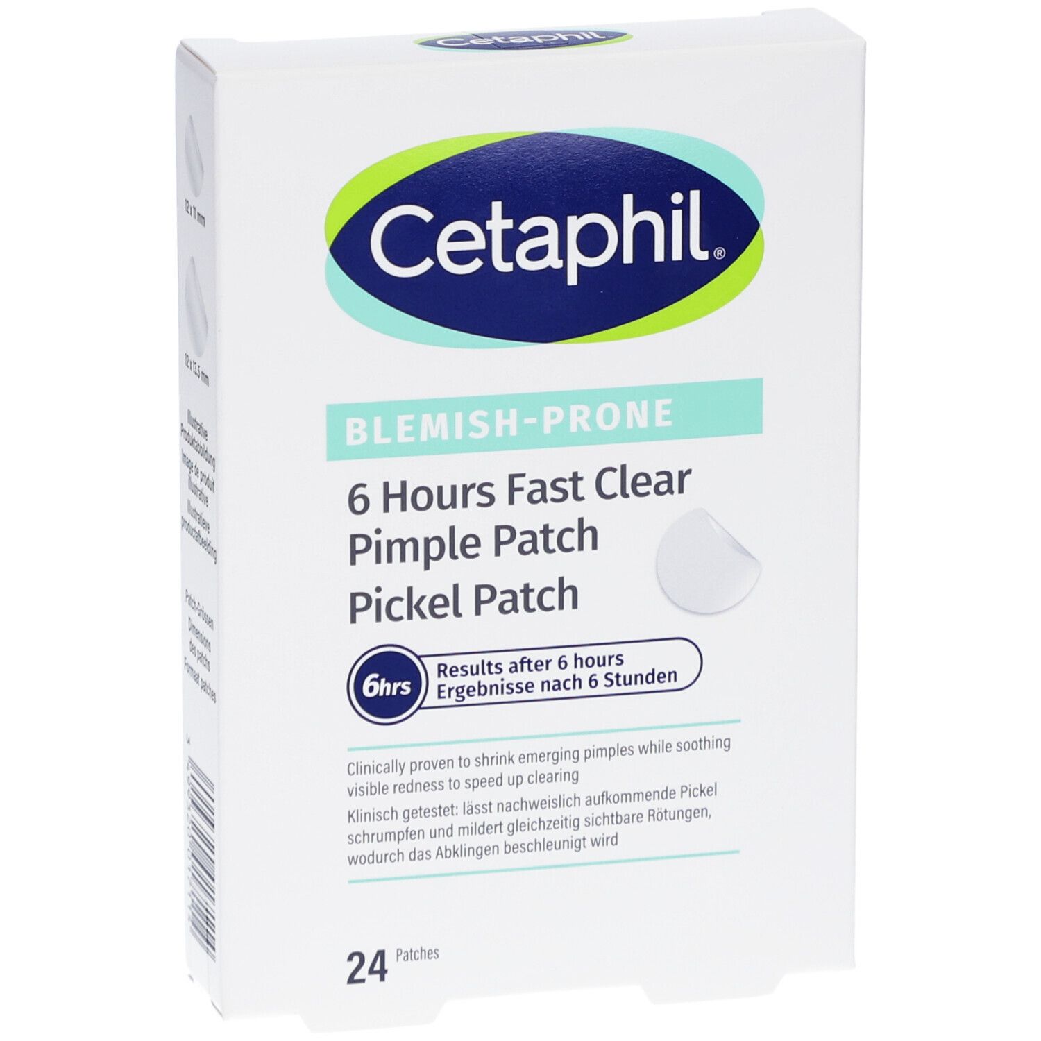 Cetaphil Pickel Patch Packung. Enthält 24 Patches. Aufschrift: 6 Hours Fast Clear Pimple Patch.