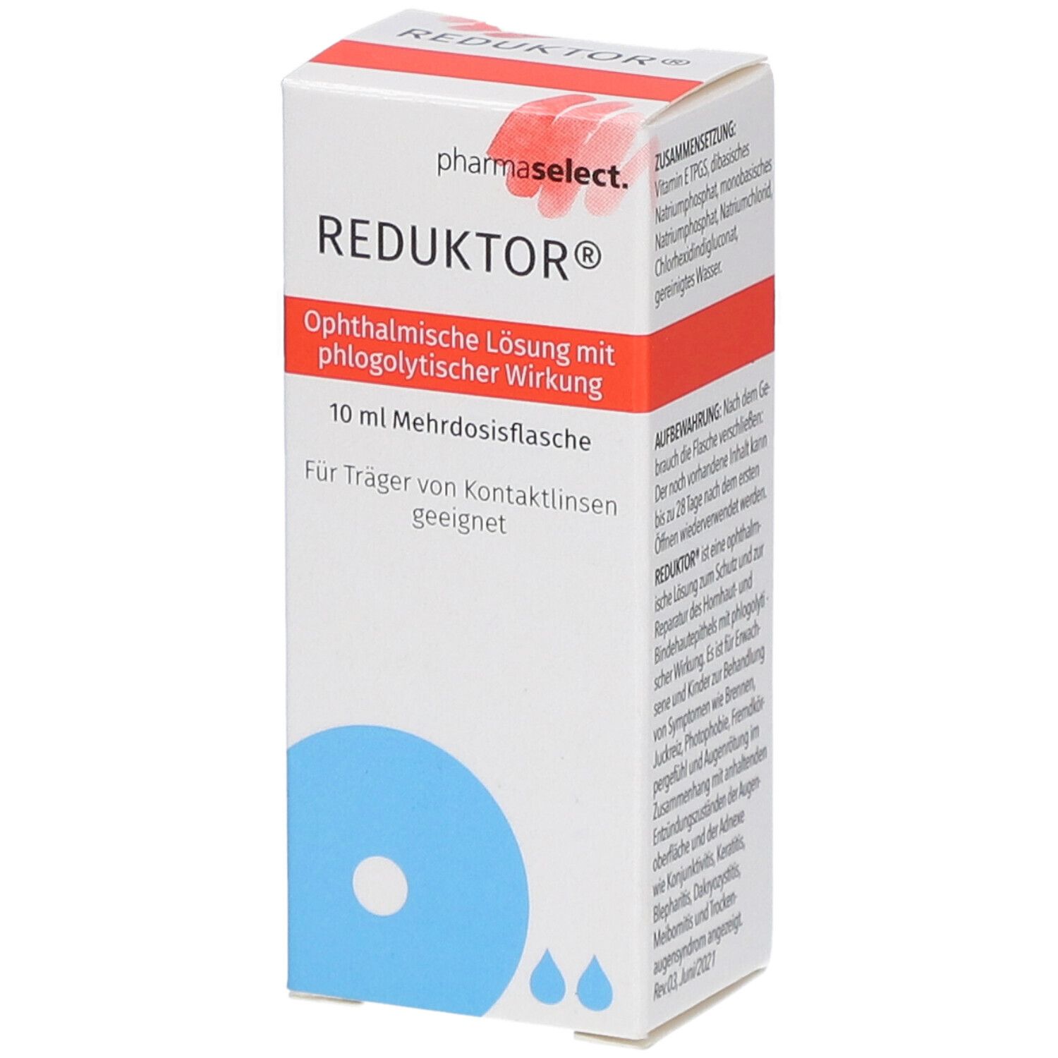 Ophthalmische Lösung REDUKTOR in Faltschachtel. Blaue Tropfen-Grafik. Text: 10 ml Mehrdosisflasche, geeignet für Kontaktlinsenträger.