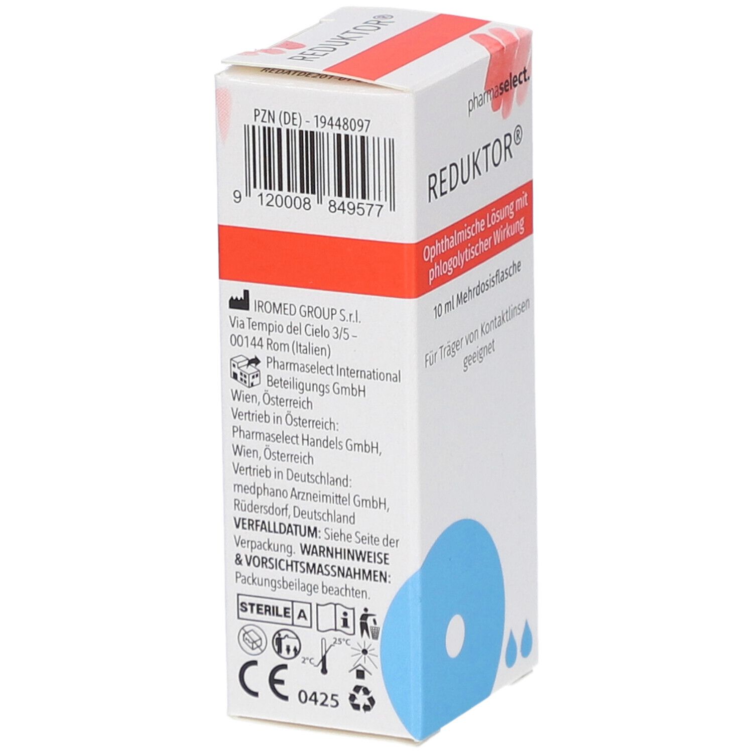 Rückseite der Faltschachtel mit Text und Barcode. Hersteller- und Vertriebsinformationen. CE-Kennzeichnung und Steril-Symbol.