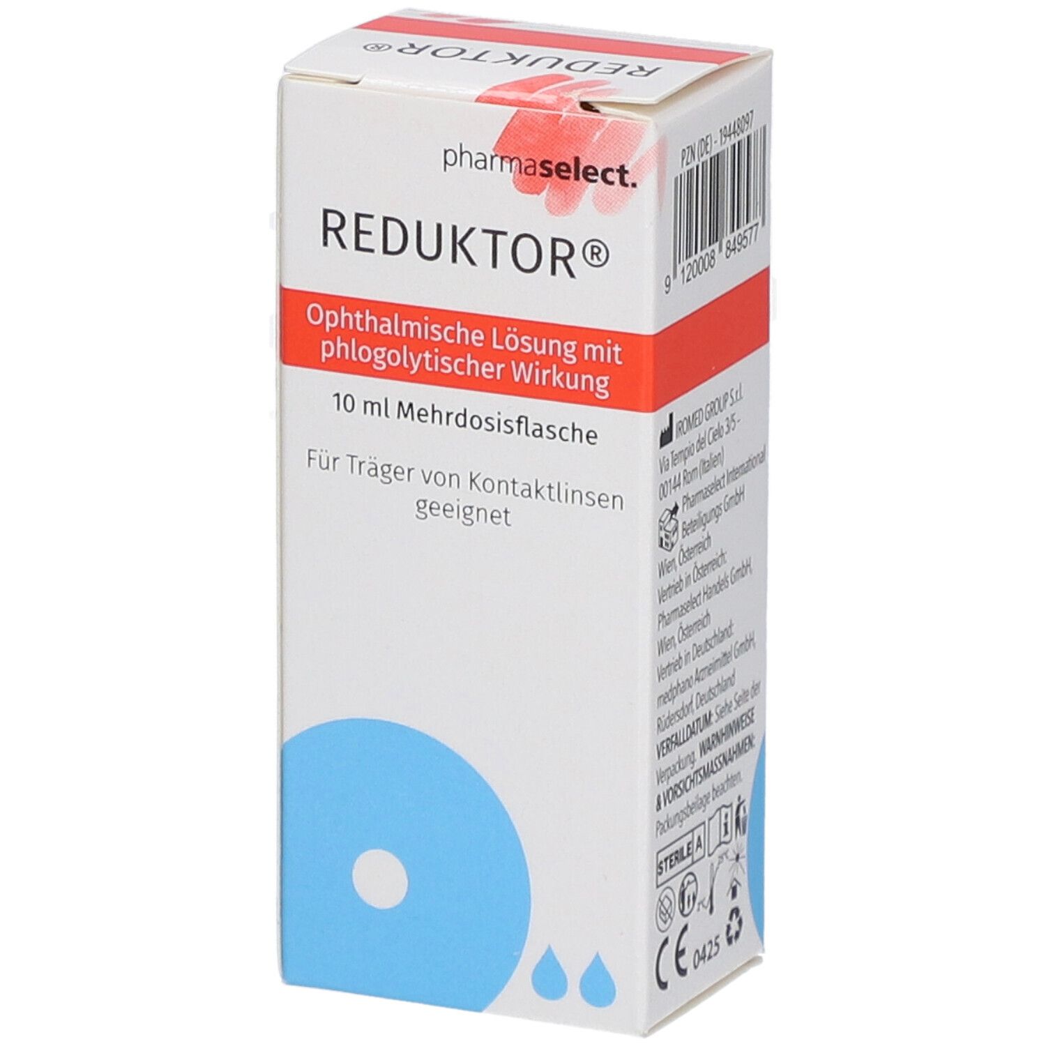 Ophthalmische Lösung REDUKTOR in Faltschachtel. Blaue Tropfen-Grafik. Text: 10 ml Mehrdosisflasche, geeignet für Kontaktlinsenträger.