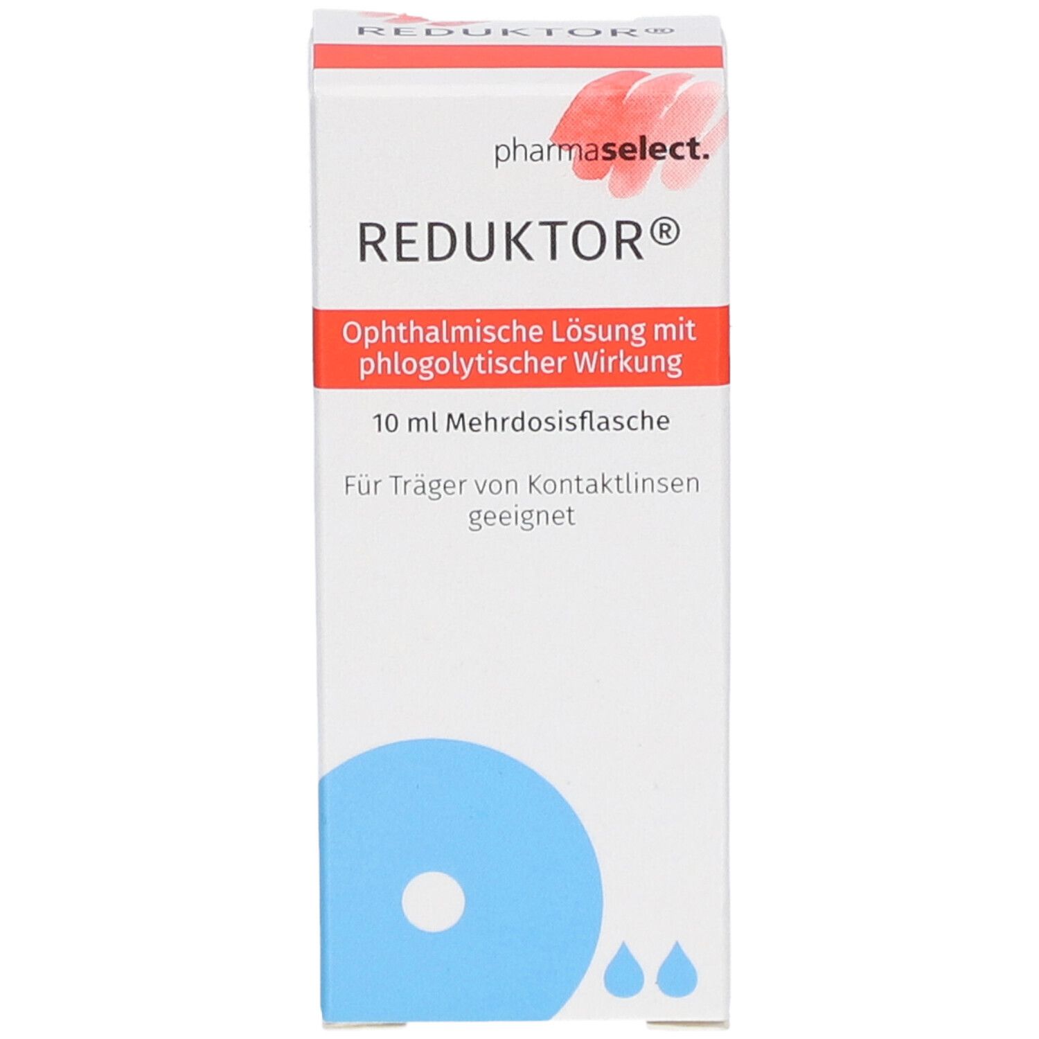 Faltschachtel mit Produktnamen REDUKTOR. Blaue Tropfen-Grafik. Text: 10 ml Mehrdosisflasche, geeignet für Kontaktlinsenträger.