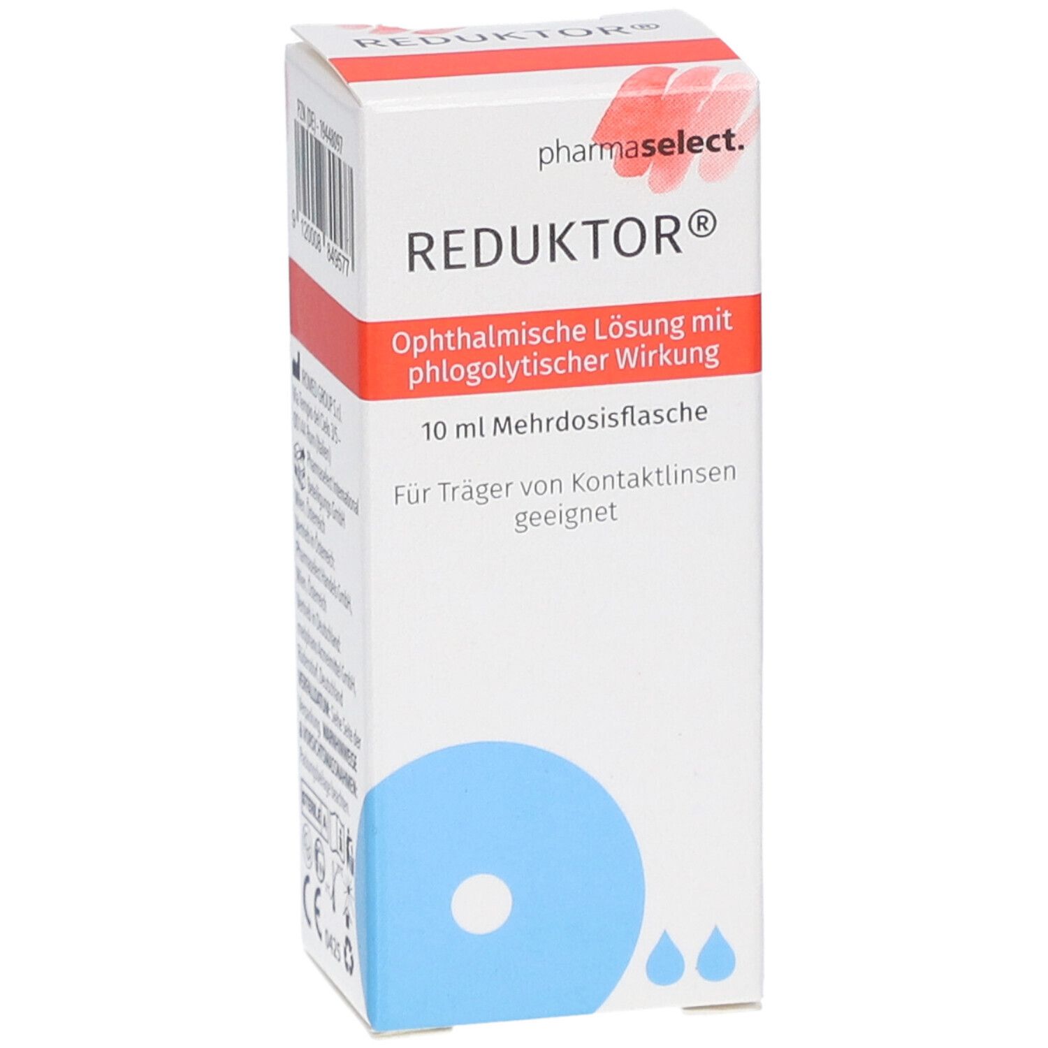 Faltschachtel mit Produktnamen REDUKTOR. Blaue Tropfen-Grafik. Text: 10 ml Mehrdosisflasche, geeignet für Kontaktlinsenträger.