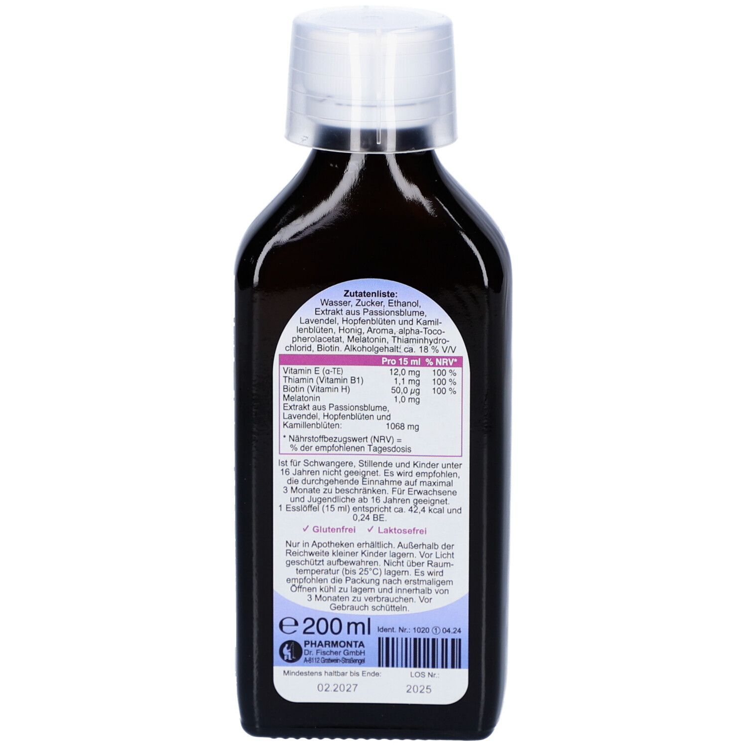Rückseite der braunen Flasche. Enthält Zutatenliste und Nährwertangaben. Volumen: 200 ml. Mit Informationen zu Gluten- und Laktosefreiheit.