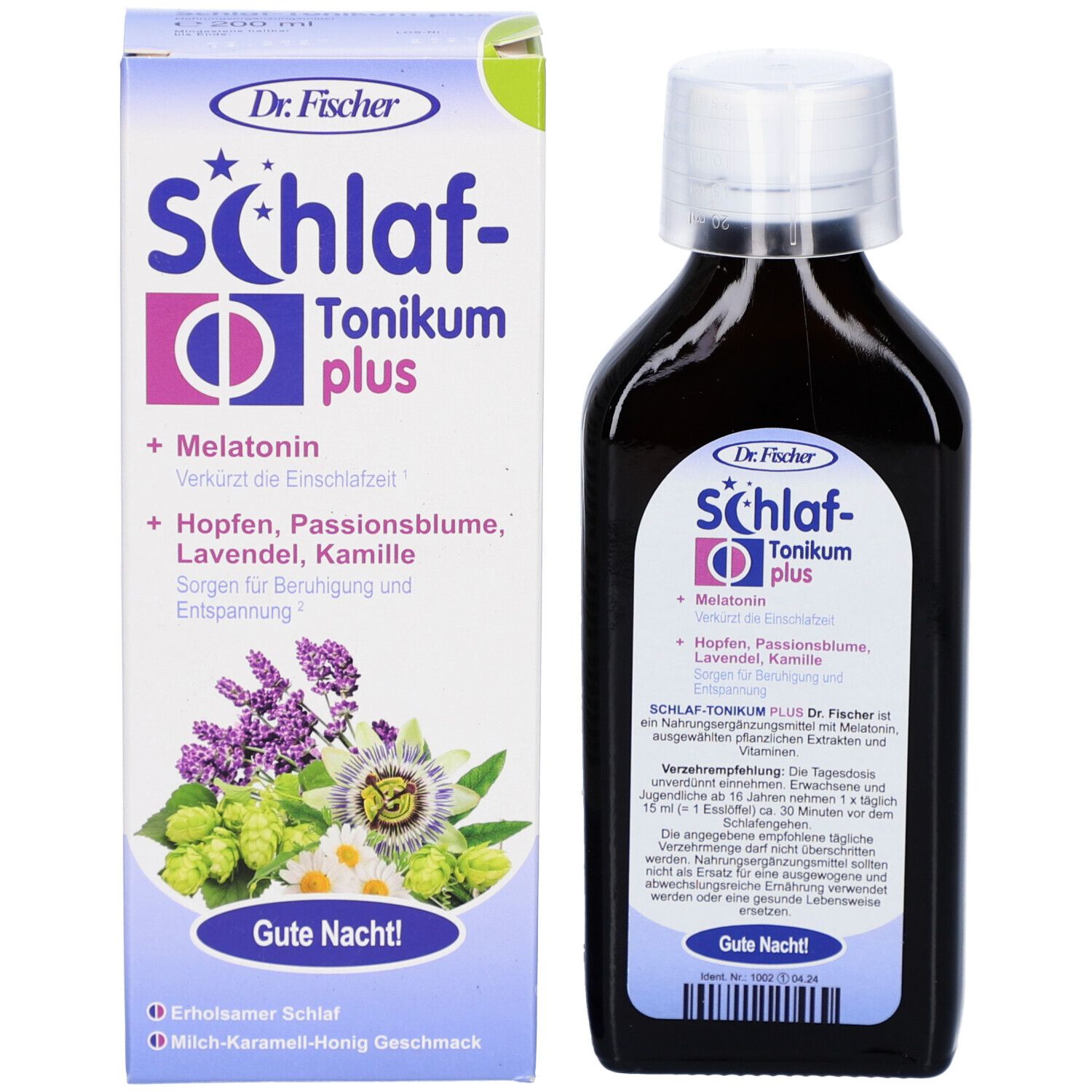 Produktverpackung und Flasche. Verpackung: Dr. Fischer Schlaf-Tonikum plus. Flasche: braun, weißer Verschluss. Enthält Melatonin, Kräuter.
