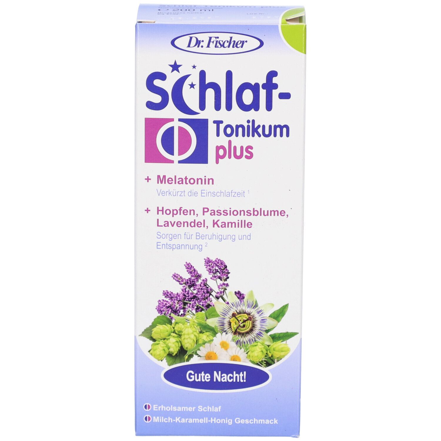 Produktverpackung. Aufschrift: Dr. Fischer Schlaf-Tonikum plus. Enthält Melatonin, Hopfen, Passionsblume, Lavendel, Kamille. Mit Blüten.