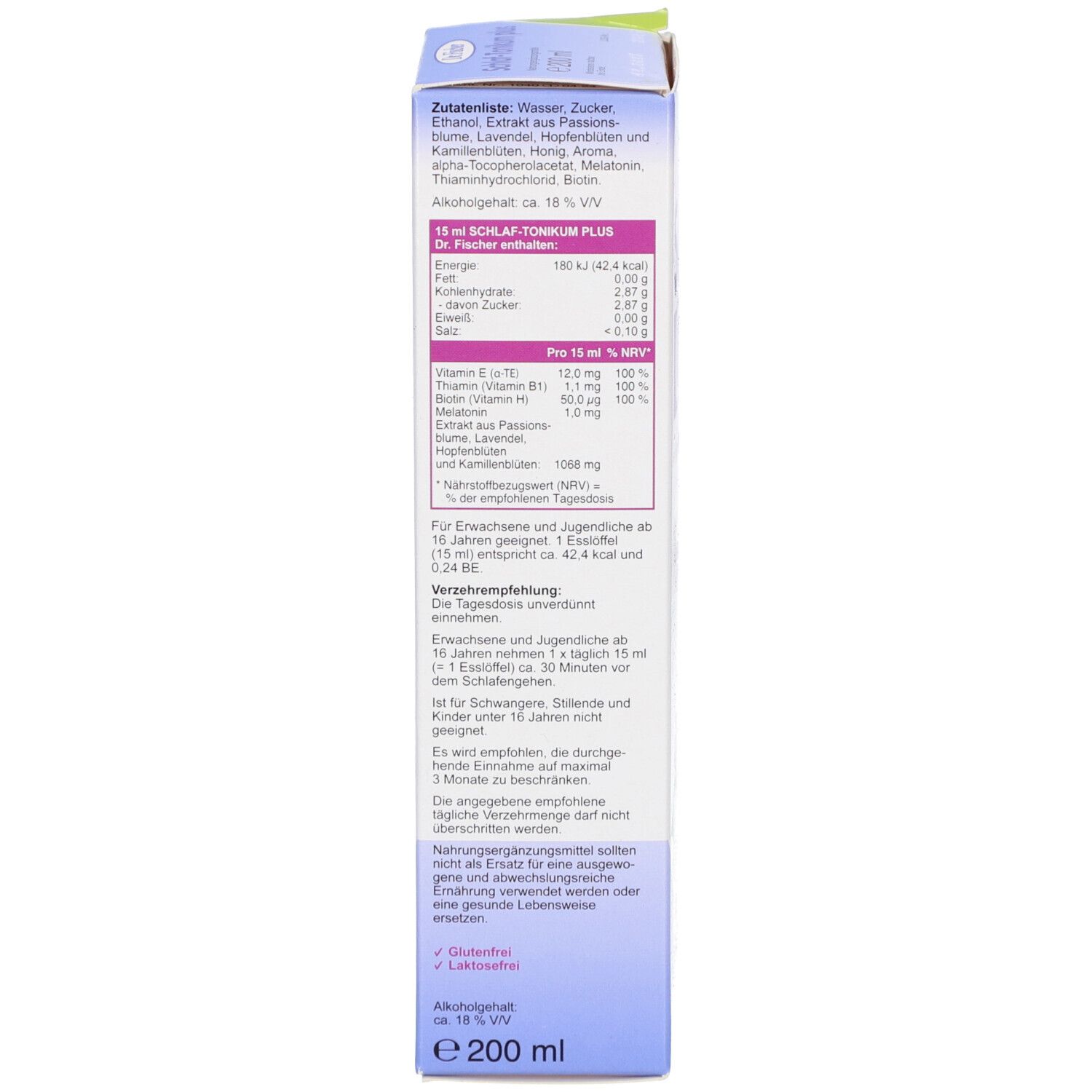 Produktverpackung, Seitenansicht. Enthält Zutatenliste und Nährwertangaben. Volumen: 200 ml. Informationen zu Gluten- und Laktosefreiheit.
