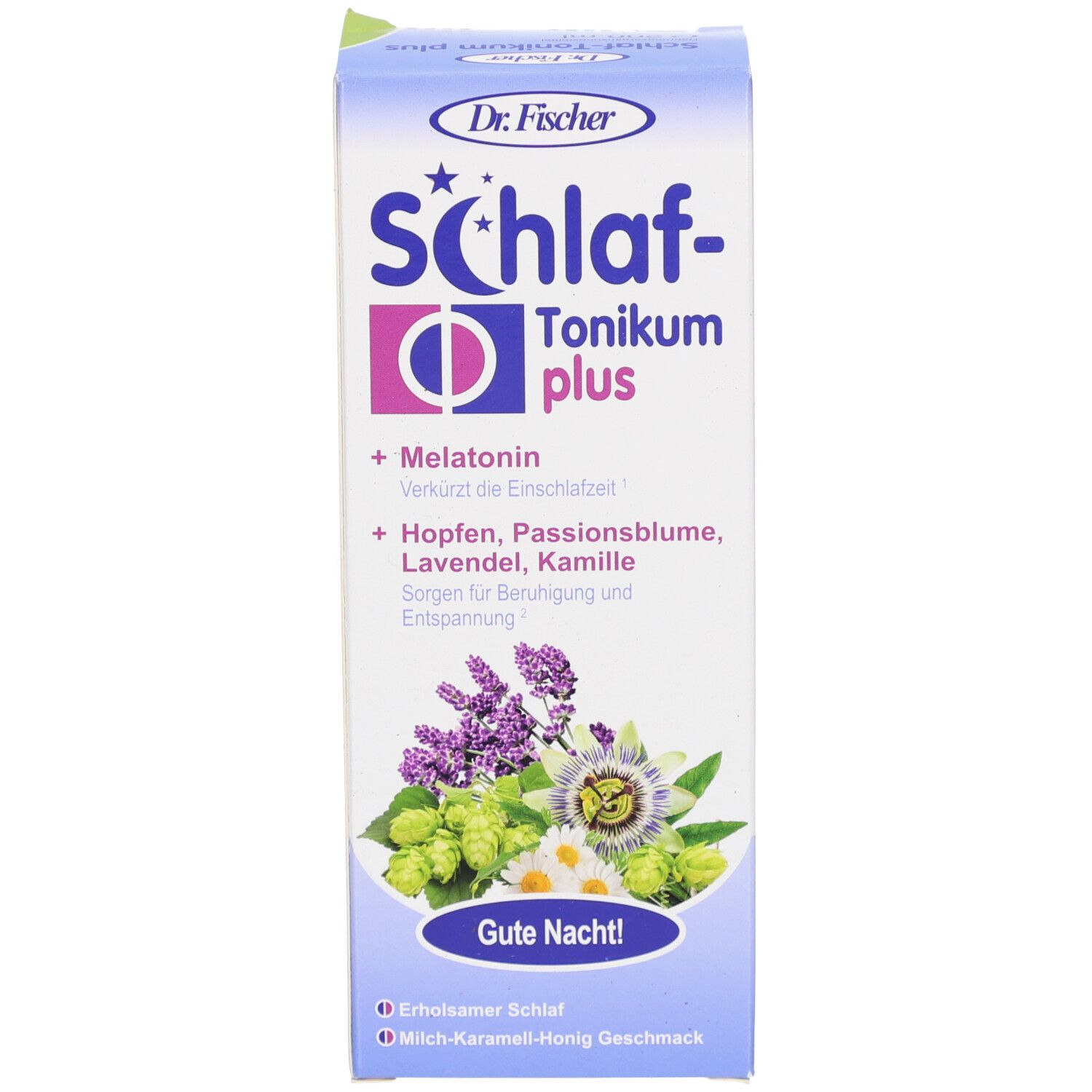 Produktverpackung. Aufschrift: Dr. Fischer Schlaf-Tonikum plus. Enthält Melatonin, Hopfen, Passionsblume, Lavendel, Kamille. Mit Blüten.
