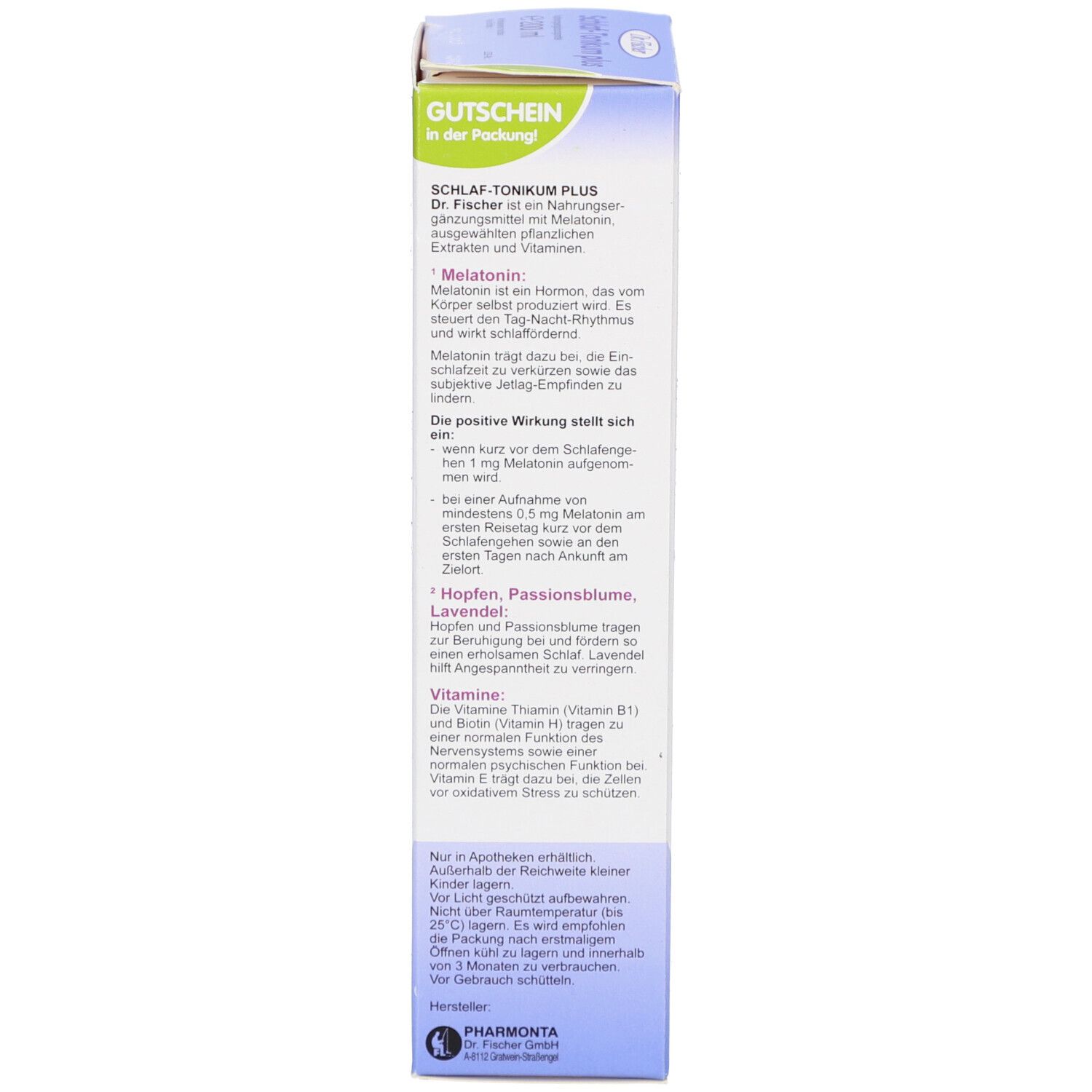 Produktverpackung, Seitenansicht. Enthält Informationen zum Produkt, Melatonin, Hopfen, Lavendel, Vitamine. Mit Gutschein.