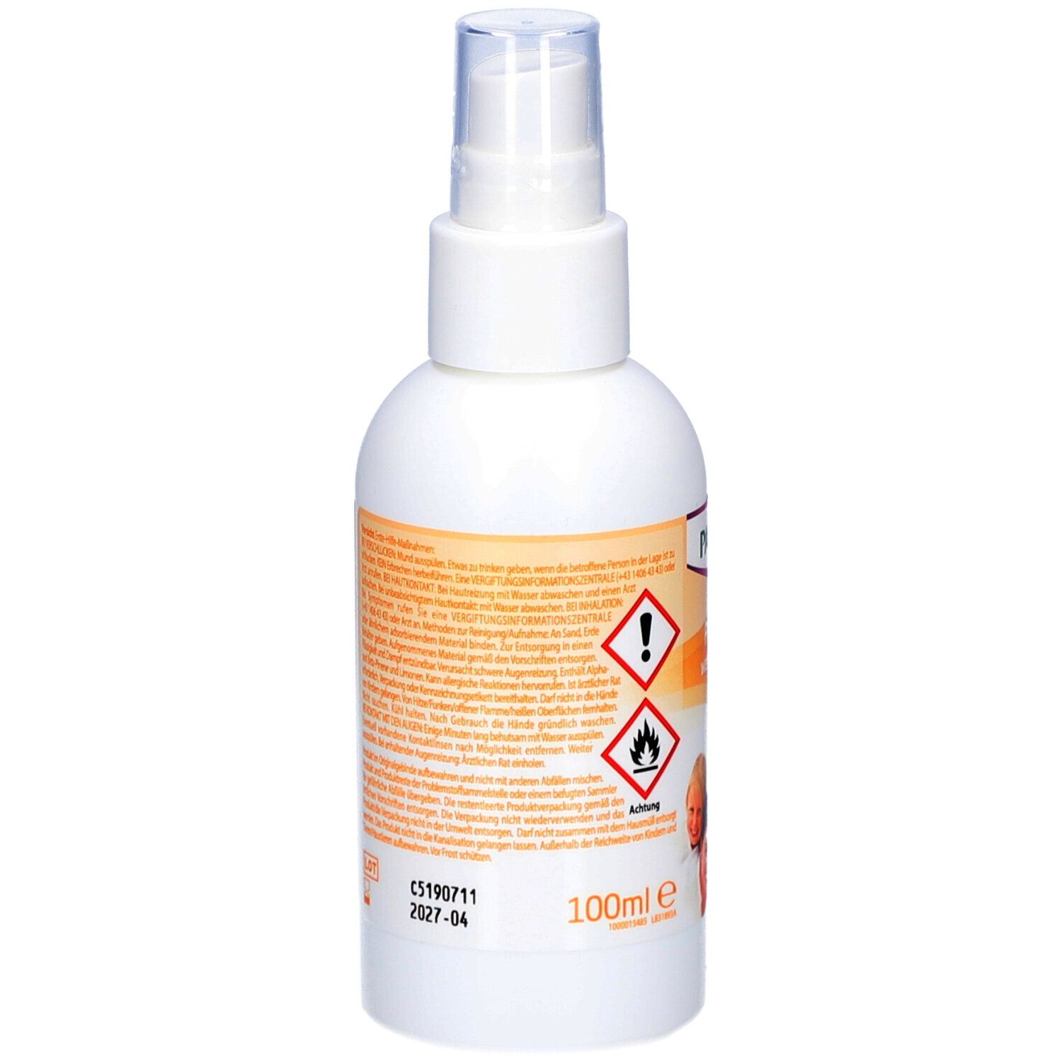 Rückseite einer weißen Sprühflasche. Enthält Text und Warnsymbole. Unten: 100ml und Verfallsdatum.