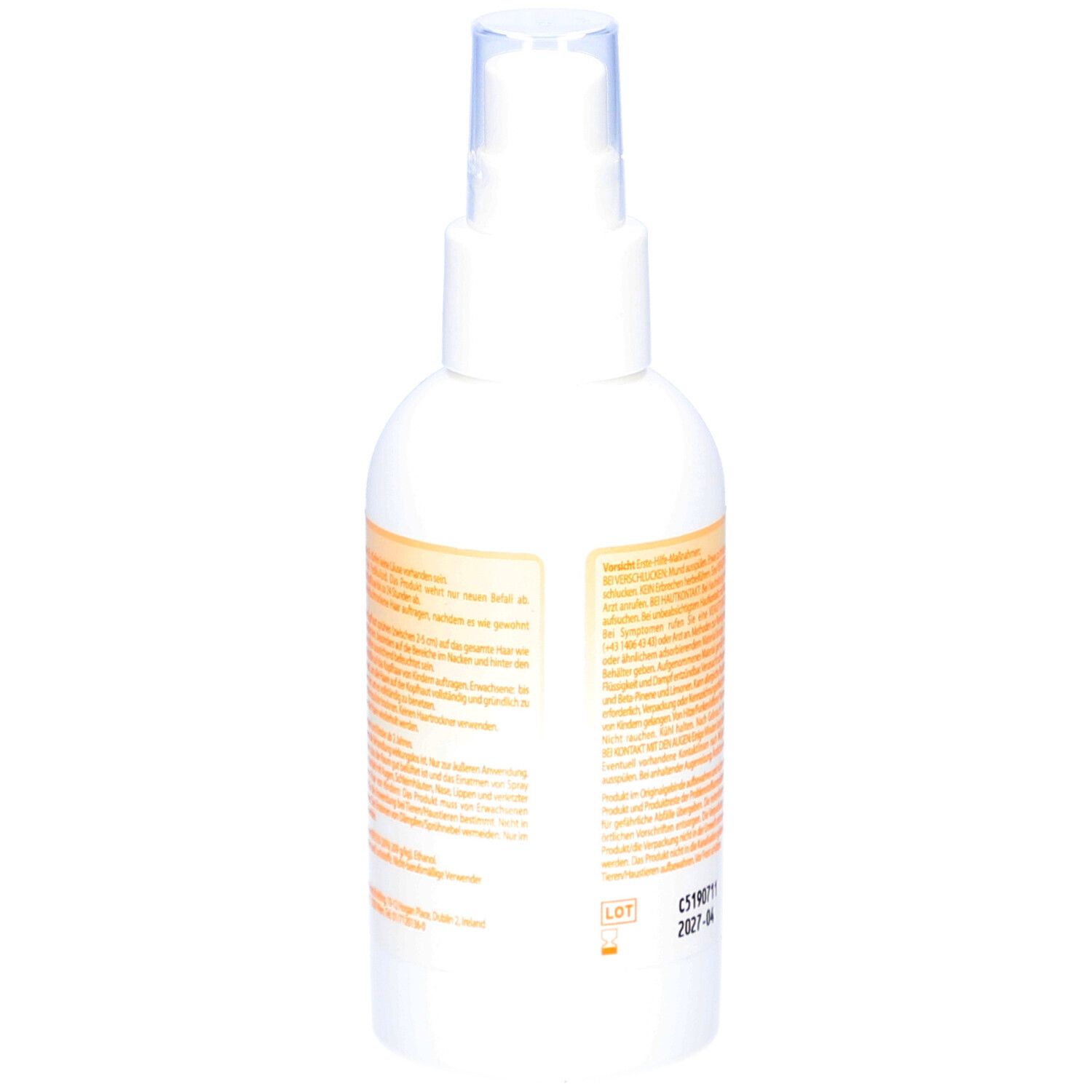Rückseite einer weißen Sprühflasche. Enthält Text. Keine Produktbezeichnung sichtbar.