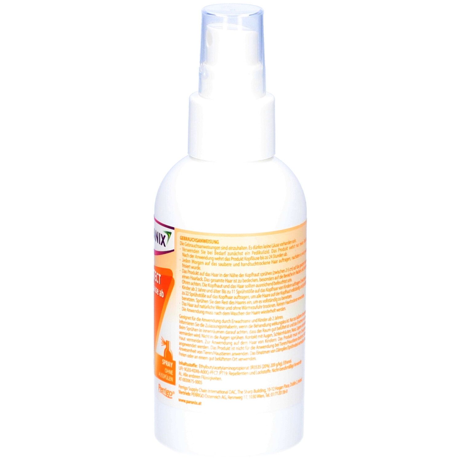 Weiße Sprühflasche mit Etikett. Enthält Text und Warnsymbole. Keine Produktbezeichnung sichtbar.