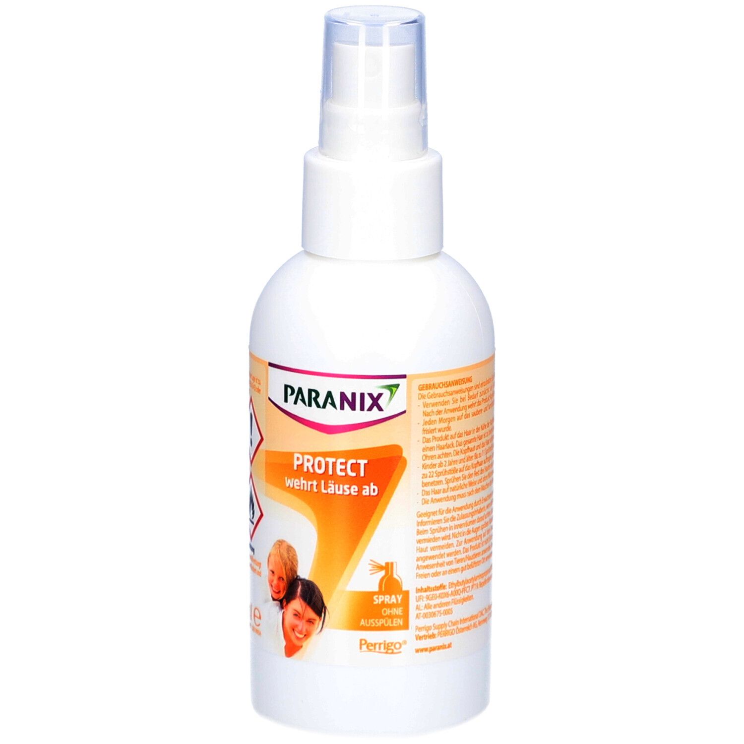 Weiße Sprühflasche mit PARANIX-Etikett. Enthält Warnsymbole und Text: PROTECT wehrt Läuse ab.