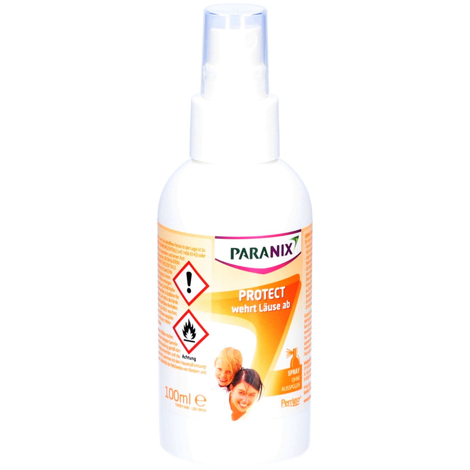 Weiße Sprühflasche mit PARANIX-Etikett. Enthält Warnsymbole und Text: PROTECT wehrt Läuse ab. 100ml.