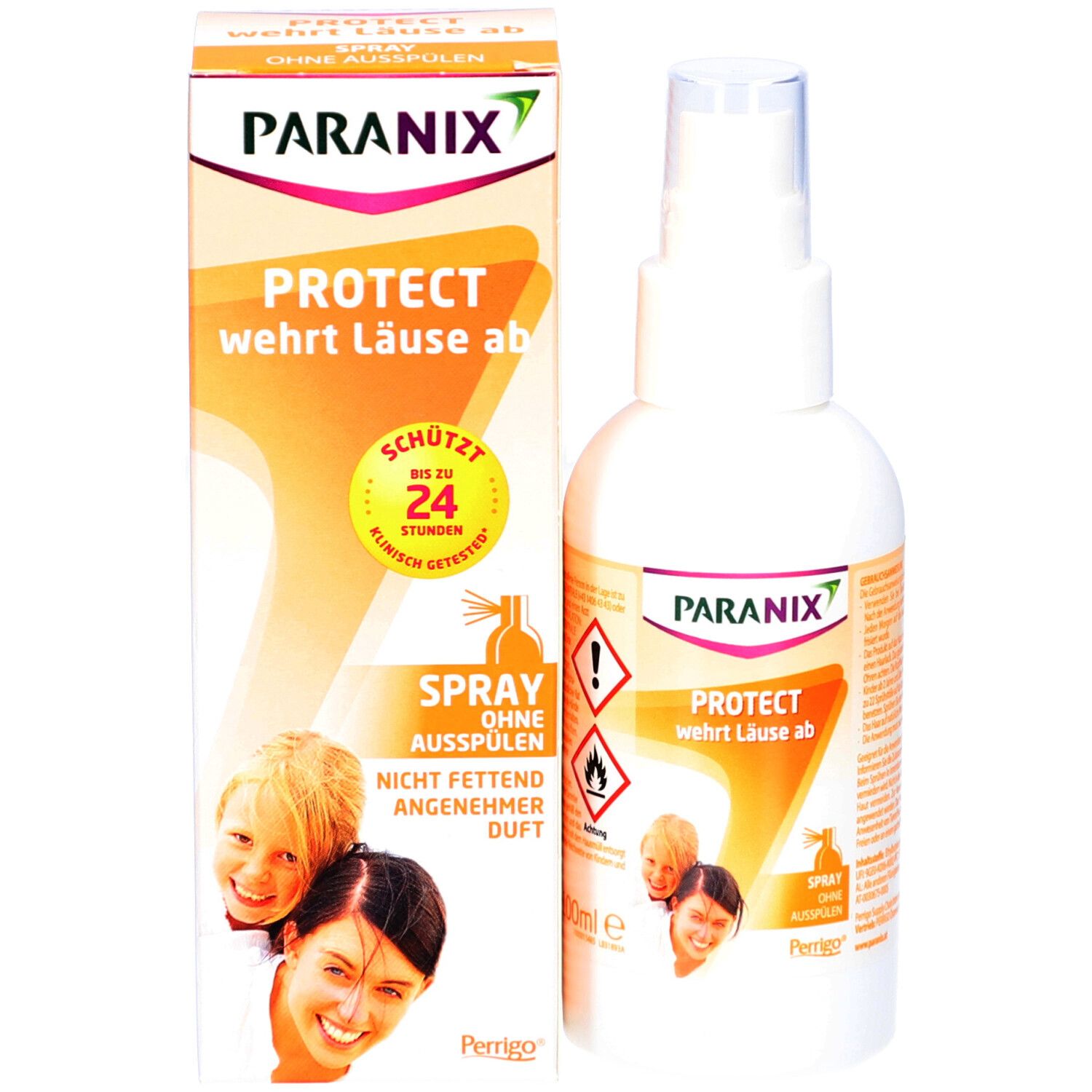Produkt und Verpackung. Weiße Sprühflasche und Karton mit PARANIX-Logo und Text: PROTECT wehrt Läuse ab.
