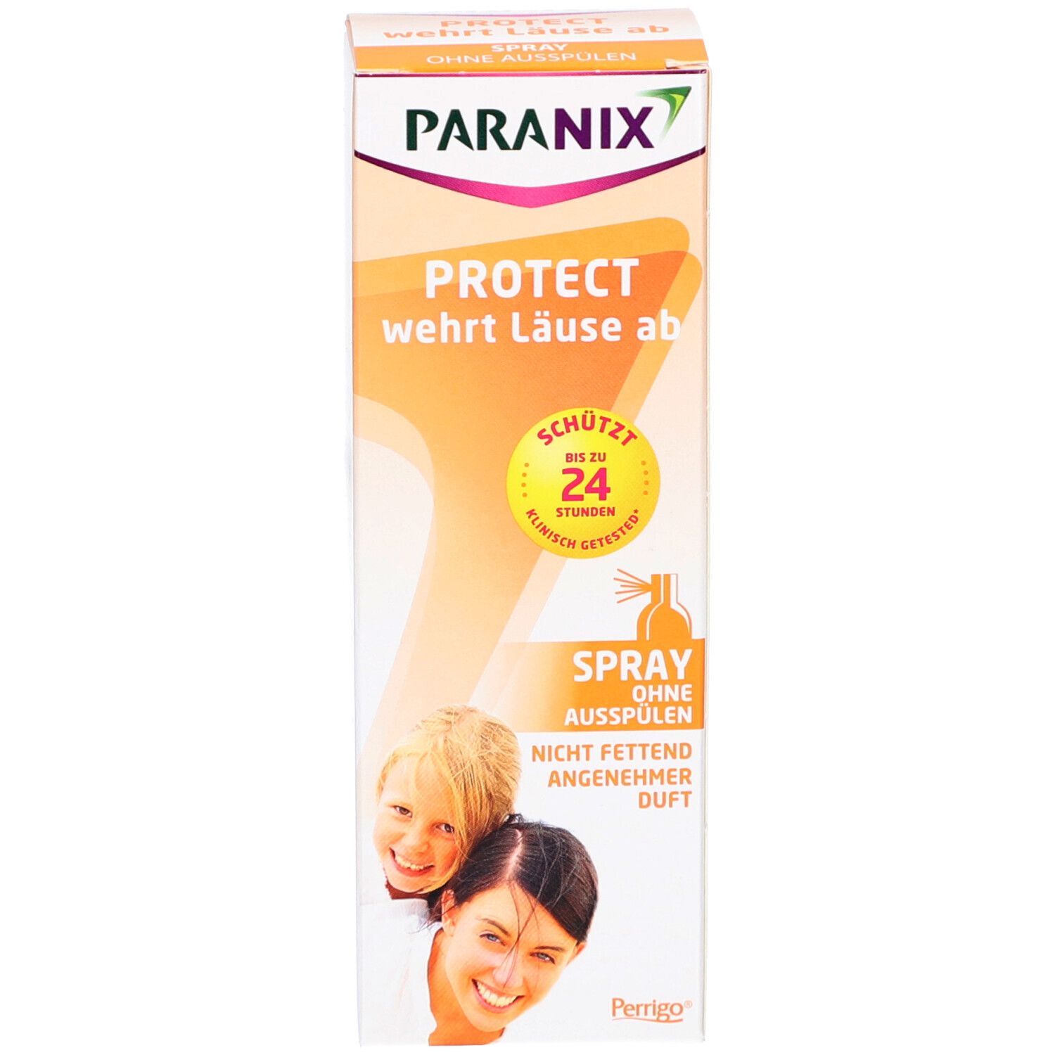 Kartonverpackung mit PARANIX-Logo und Text: PROTECT wehrt Läuse ab. Enthält Text und Illustrationen.