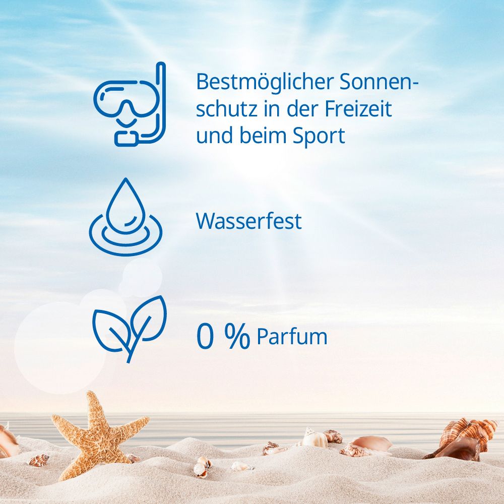 Grafik mit Symbolen: Sonnenschutz, wasserfest, 0% Parfum. Sand, Seestern und Muscheln.