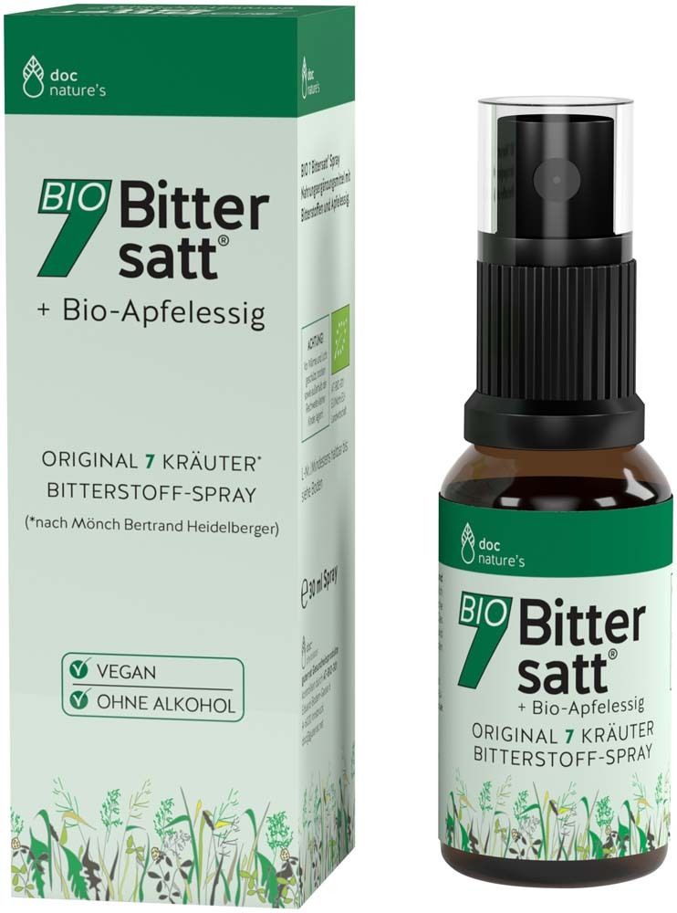 doc nature's BIO Bitter satt Spray mit 7 Kräutern und Bio-Apfelessig. Flasche und Verpackung. Vegan und ohne Alkohol.
