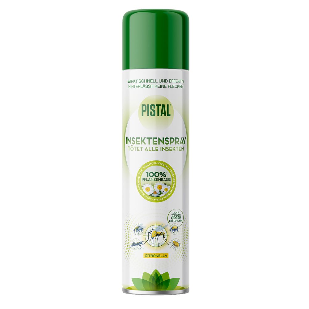 Pistal Insektenspray Citronella, weiße Sprühdose mit grünem Deckel. Text: Insektenspray, tötet alle Insekten. 100% pflanzliche Basis.