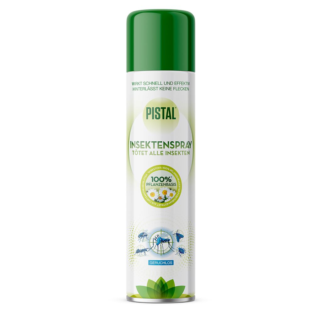 Pistal Insektenspray, geruchlos. Weiße Sprühdose mit grünem Deckel. Produktname und Inhaltsstoffe aufgedruckt.